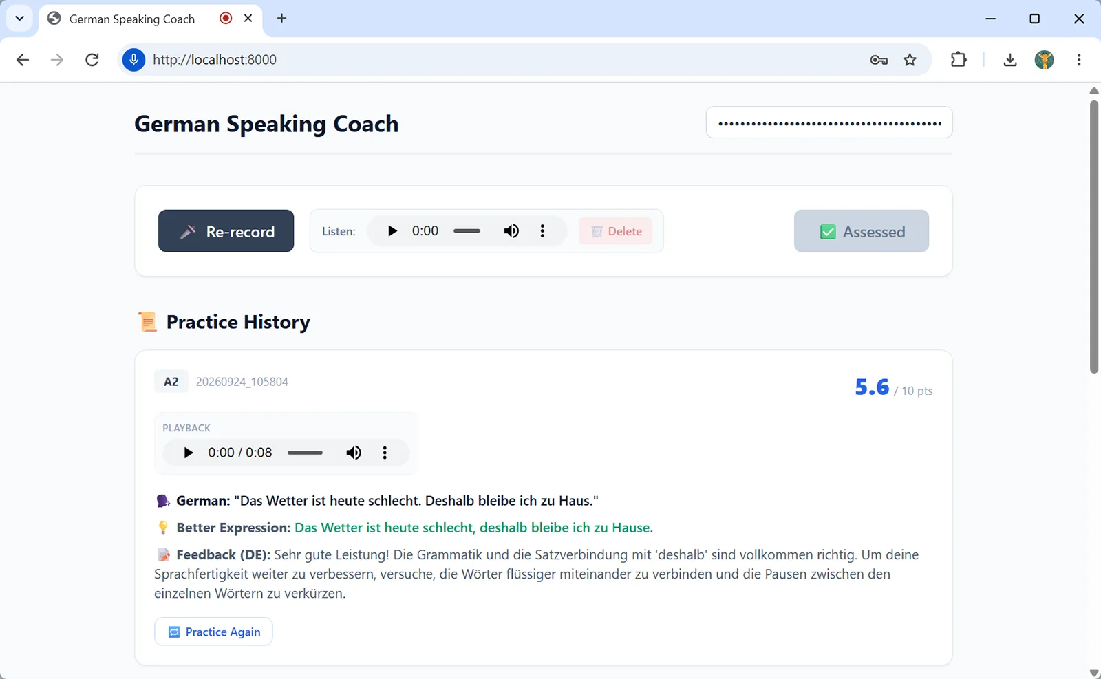 German Speaking Coach Running UI